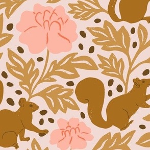 Woodland Squirrels and Acorns in Pink in a Canadian Meadow  | Small Version | Bohemian Style Pattern in the Woodlands