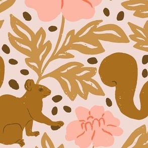 Woodland Squirrels and Acorns in Pink in a Canadian Meadow  | Medium Version | Bohemian Style Pattern in the Woodlands