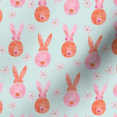 Easter Bunnies and tiny flowers | Watercolor | Mint green, Pink and Orange