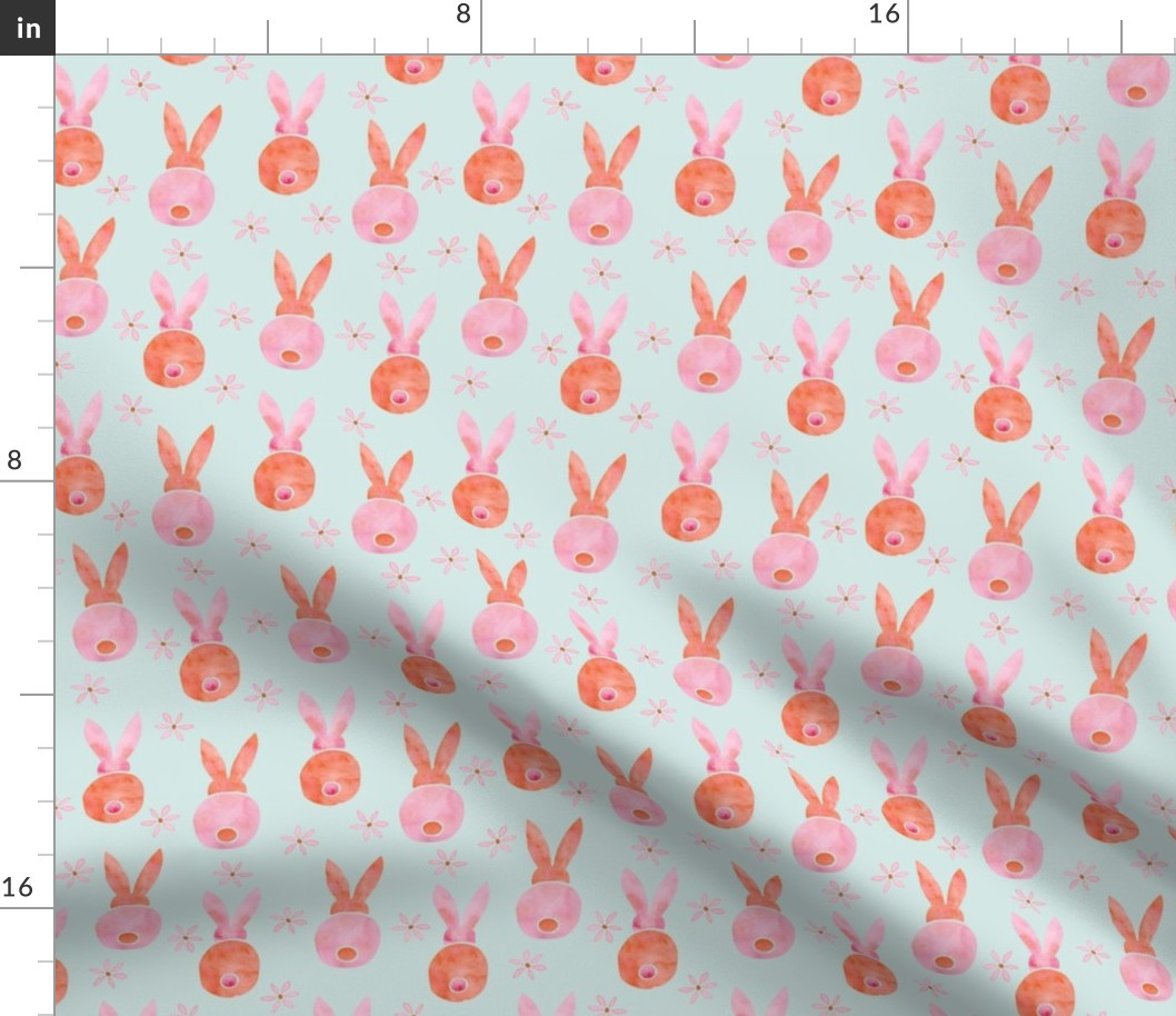 Easter Bunnies and tiny flowers | Watercolor | Mint green, Pink and Orange