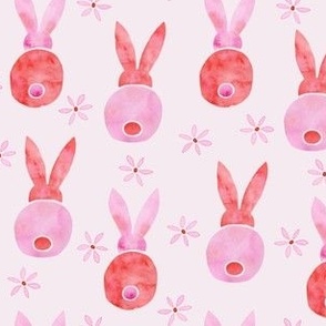 Easter Bunnies and tiny flowers | Watercolor | Pink and Red