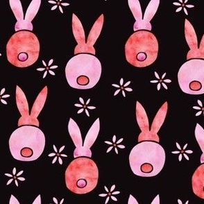 Easter Bunnies and tiny flowers | Watercolor | Pink, Red and Black