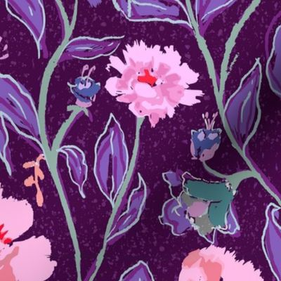 flat color, painterly blooms in pink and purple