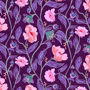 flat color, painterly blooms in pink and purple