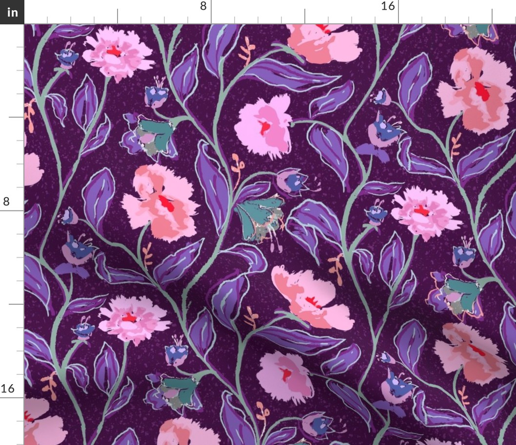 flat color, painterly blooms in pink and purple