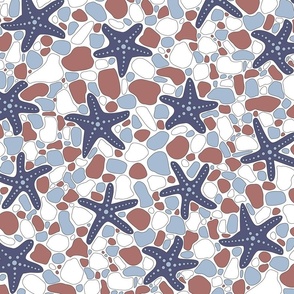 Starfish on a Pebble Beach Light Blue, Red and White- Large Print