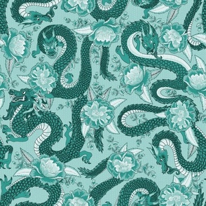 Dragons and flowers in light emerald shades.