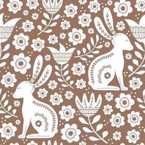 Medium Scale Easter Folk Flowers and Bunny Rabbits Spring Scandi Floral White on Mocha