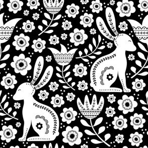 Large Scale Easter Folk Flowers and Bunny Rabbits Spring Scandi Floral White on Black