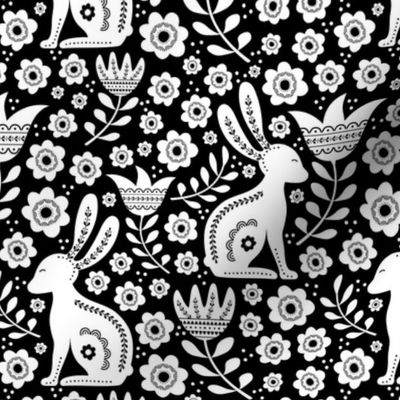 Medium Scale Easter Folk Flowers and Bunny Rabbits Spring Scandi Floral White on Black