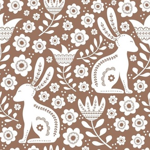 Large Scale Easter Folk Flowers and Bunny Rabbits Spring Scandi Floral White on Mocha