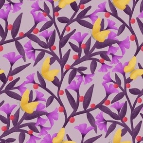 purple floral with yellow butterflies