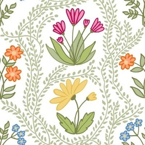 522 - large scale flower wild meadow cottage garden with forget me not, calendula, marigold, daisy and trailing vines - for delicate table linen, high teas, feminine decor, wallpaper and bed linens 