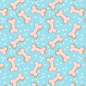 Dog bones and polka dots confetti - groovy retro bones snack for dogs nude on blue