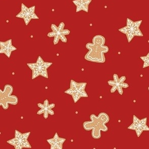 Christmas Gingerbread Man, Star and Snowflake Cookies on a Christmas Red Background 12in Repeat