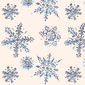 Snow crystals, blue on creme