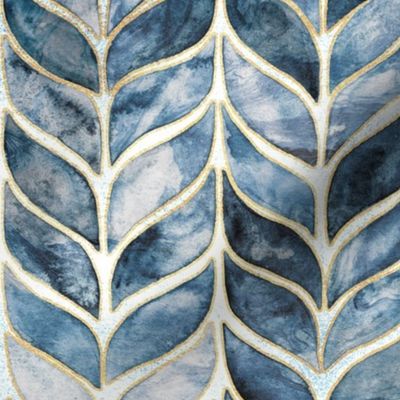 Gilded Watercolor Whale Tail Tiles - Navy