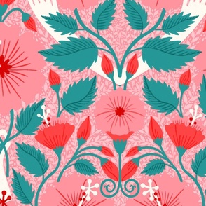 Hands holding hibiscus flowers in diamond pattern in pink and red - large scale