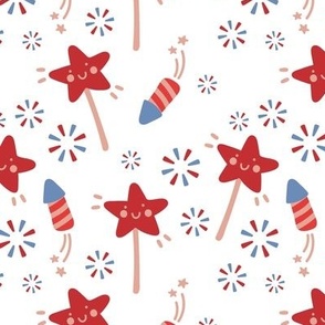Stars & fireworks 4th of July kawaii design - patriot American palette kawaii kids design red blue on white