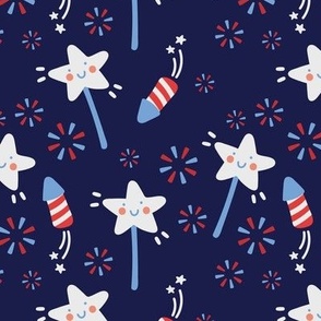 Stars & fireworks 4th of July kawaii design - patriot American palette kawaii kids design red blue on navy night