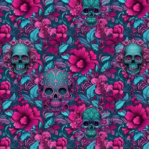 Brocade with Three Skulls in teal and magenta