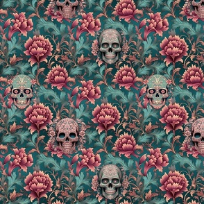 Brocade with Three Skulls in teal and rose
