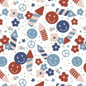 Happy 4th of July - smileys peace love fireworks and confetti cutesy design for kids patriot usa palette vintage red blue and navy on white