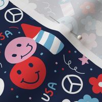 Happy 4th of July - smileys peace love fireworks and confetti cutesy design for kids patriot usa palette blue red pink on navy blue
