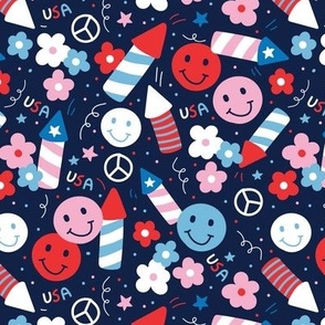 Happy 4th of July - smileys peace love fireworks and confetti cutesy design for kids patriot usa palette blue red pink on navy blue