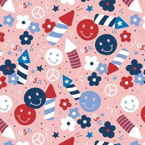 Happy 4th of July - smileys peace love fireworks and confetti cutesy design for kids patriot usa palette red navy blue on pink