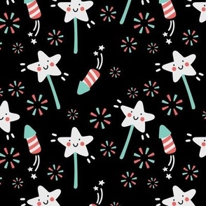 Happy New Year fireworks - kids new year's eve night stars design teal red on black 