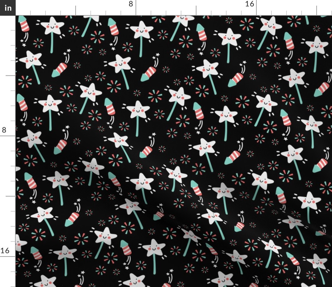 Happy New Year fireworks - kids new year's eve night stars design teal red on black 