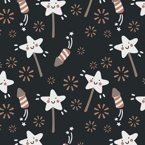Happy New Year fireworks - kids new year's eve night stars design neutral seventies vintage palette brown caramel on charcoal gray 