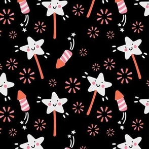 Happy New Year fireworks - kids new year's eve night stars design orange coral pink on black girls palette 