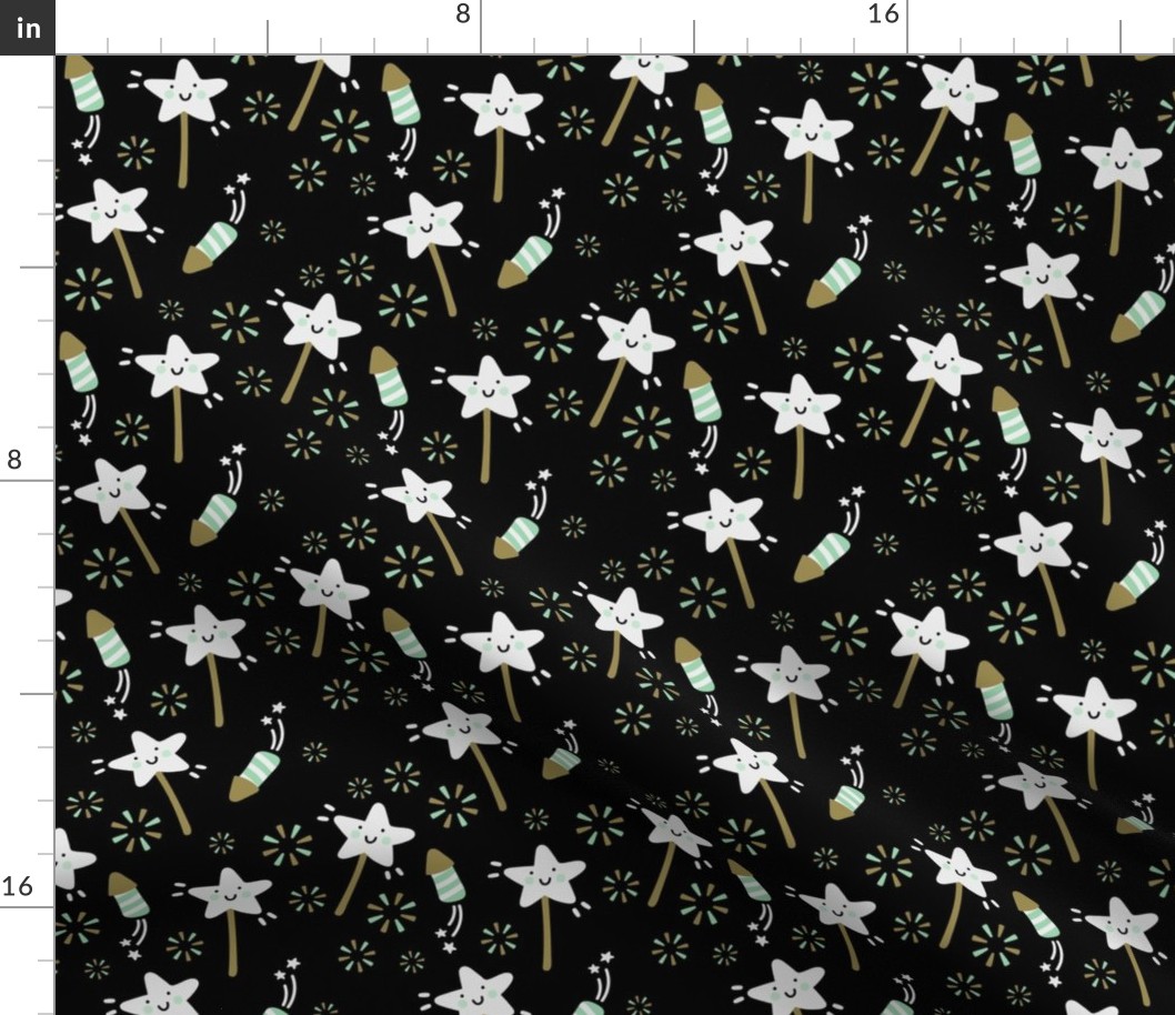 Happy New Year fireworks - kids new year's eve night stars design teal olive on black boys palette 