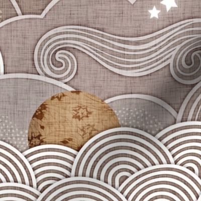 Cozy Night Sky Dark Taupe Large- Full Moon and Stars Over the Clouds- Beige- Neutral- Relaxing Home Decor- Nursery Wallpaper- Neutral Earth Tones- Large Scale