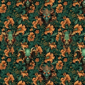 Brocade with Three Demons in teal and copper