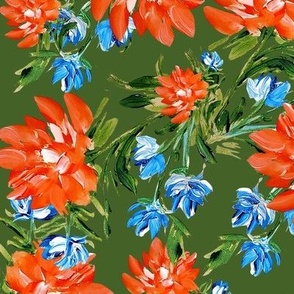 Coral & Blue Hand-Painted Flowers Larger Scale