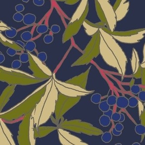 blue berries with green leaves pattern