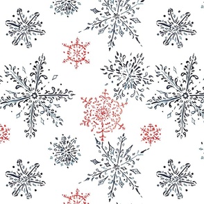 Snow crystals, red and blue on white