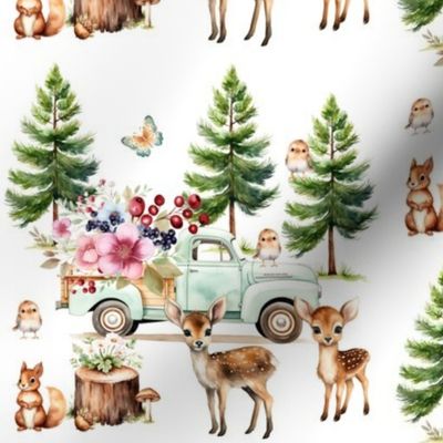 Woodland Pine Trees Forest Animals Floral Truck 
