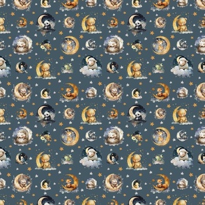 Twinkle Star Sleepy Animals Pattern on Dark Dusky Blue