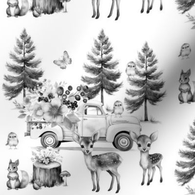 Woodland Pine Trees Forest Animals Floral Truck Gray 