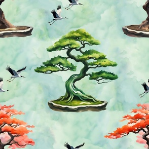 Bonsai Trees and Cranes - Large Version