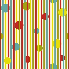 Vertical Stripes and Circles - Retro Christmas Collection - Poppy Red, Citrin, Teal on Ivory BG - SPD Collab