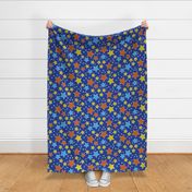 009 - Large scale scattered orange, line green and turquoise stars on bright blue background, for children's curtains and duvet cover, circus theme wallpaper, kids party apparel