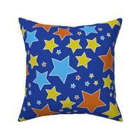 009 - Large scale scattered orange, line green and turquoise stars on bright blue background, for children's curtains and duvet cover, circus theme wallpaper, kids party apparel