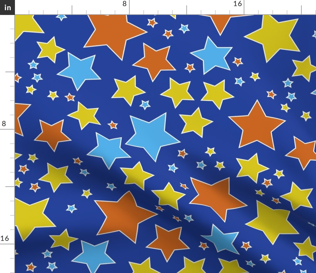 009 - Large scale scattered orange, line green and turquoise stars on bright blue background, for children's curtains and duvet cover, circus theme wallpaper, kids party apparel