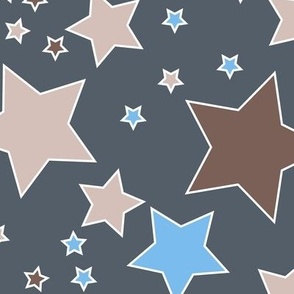 009 - Large  scale tossed boho stars, in muted cool greys, blues cream and brown, for unisex wallpaper and decor, kids apparel, autumn circus projects