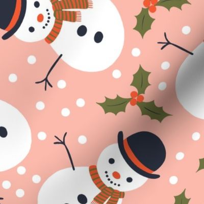 Snowmen and Holly - white, red and green on salmon pink - Large scale by Cecca Designs